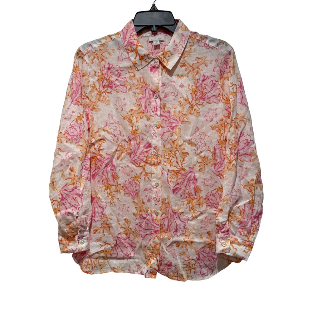 J Jill Love Linen Sea Coral Turtles Print Button Front Tunic Small Petite Coasta - Picture 2 of 11